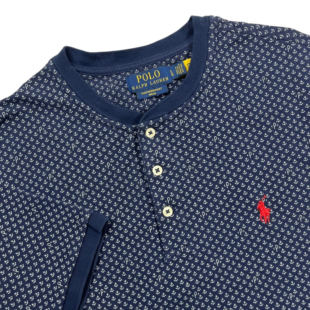 Polo Ralph Lauren Featherweight Mesh Henley Mens Large Navy Blue Anchor Print